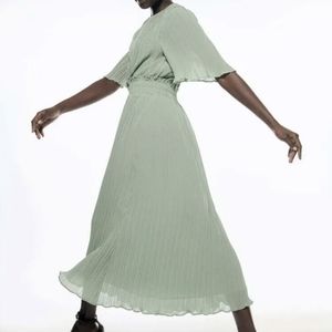 ZARA Long Pleated Light Green Fit and Flare Dress